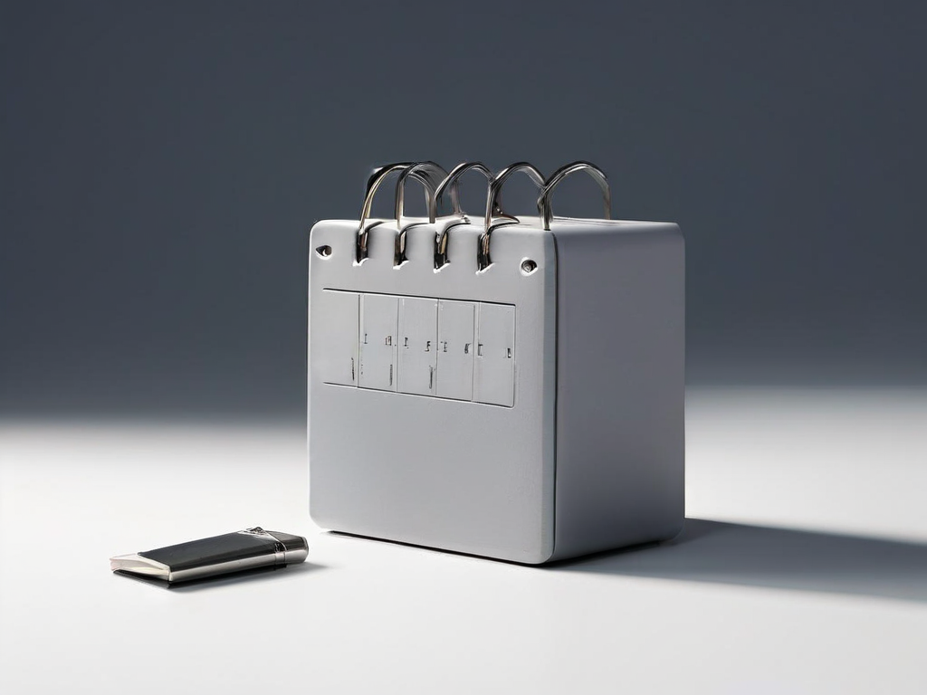 Calendar block and blank reservation card with a locked compartment on a matte gray surface.