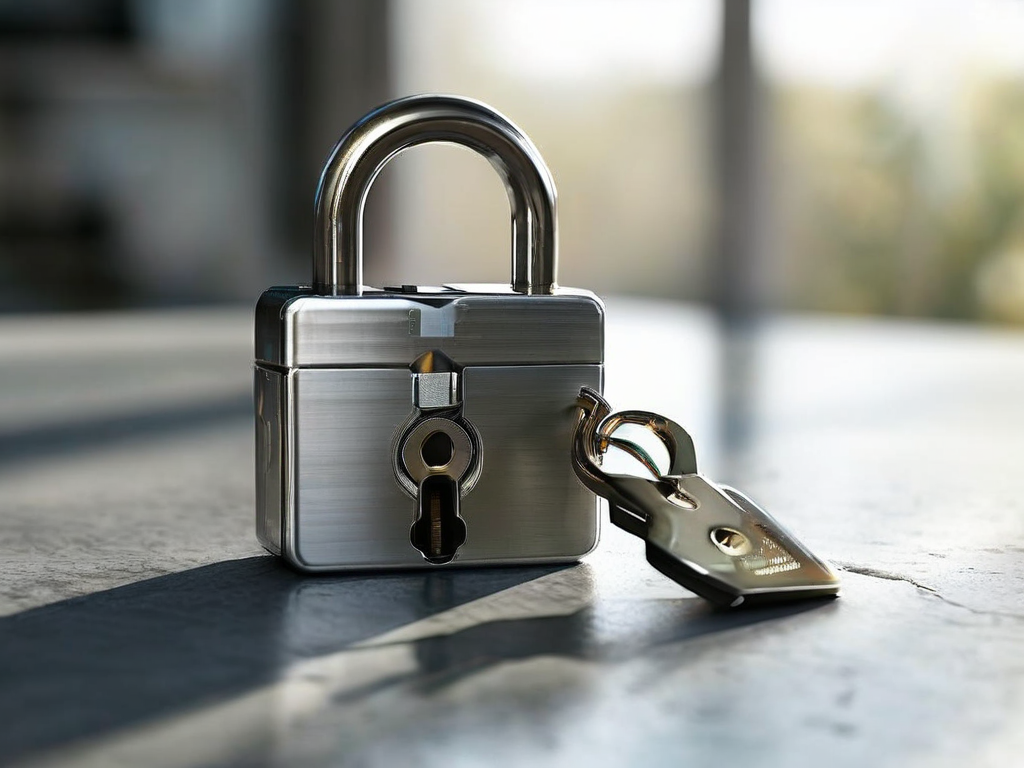 Metal lock, key case, and blank security card on brushed metal surface for account safety preparation.