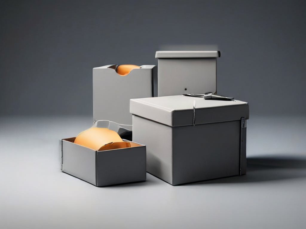 Small archive boxes and blank compartment inserts on a gray studio surface, representing information grouping and organization.