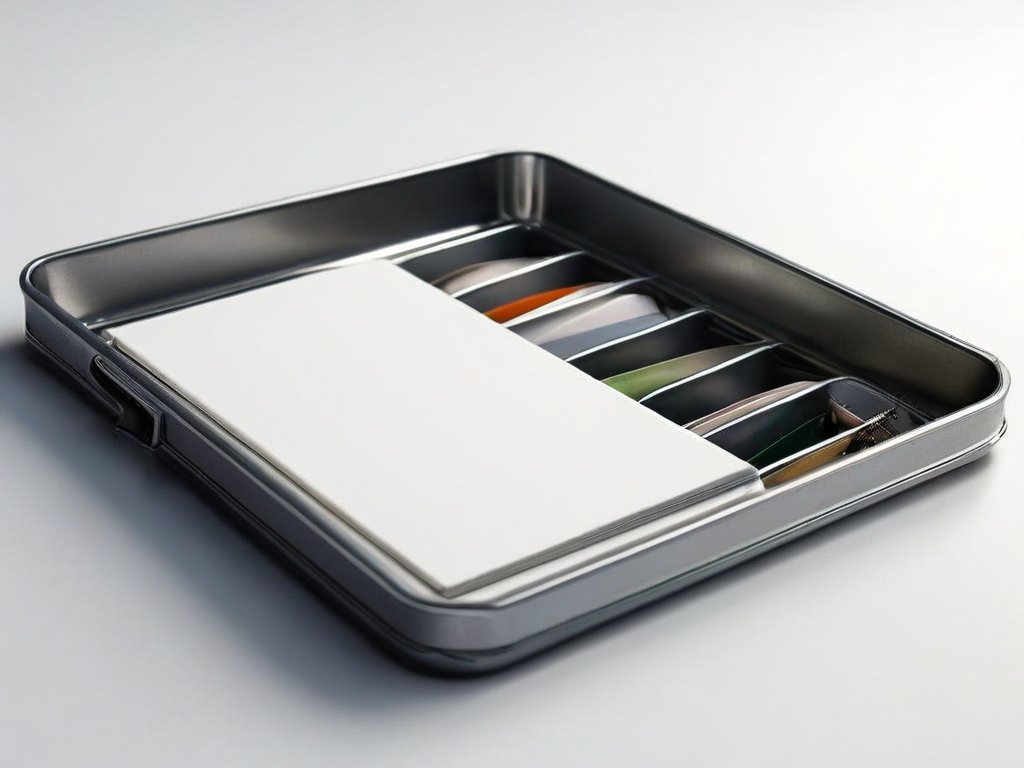 Brushed metal tray holding blank divider cards, organized filing metaphor for digital document navigation.
