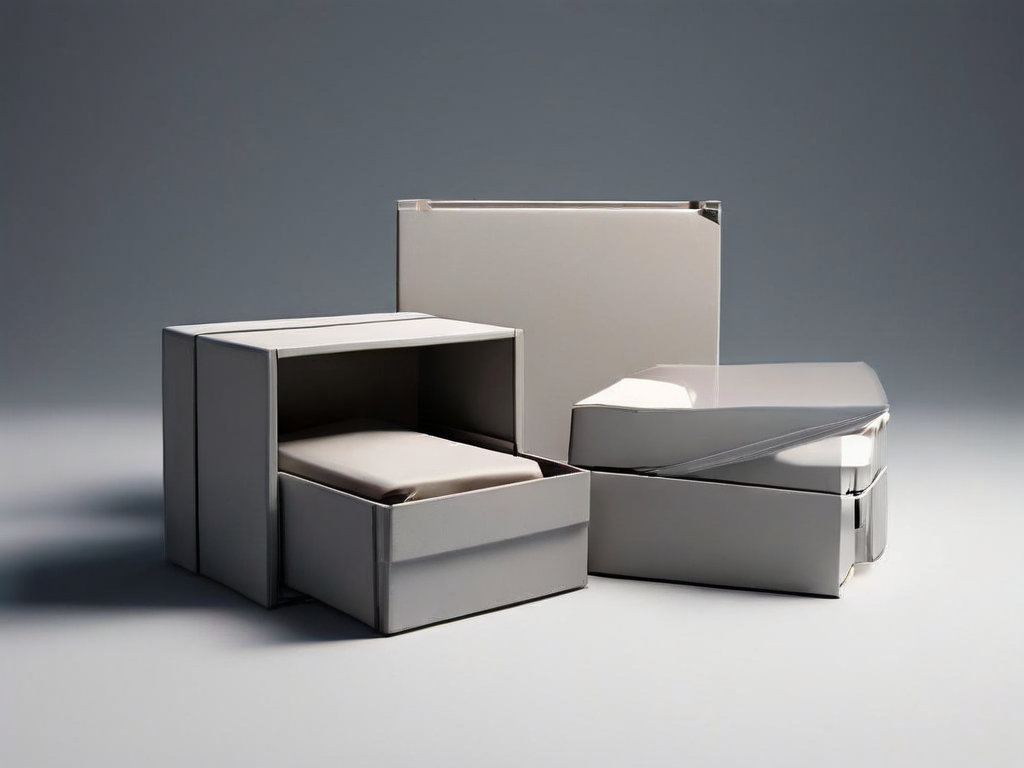 Small archive boxes and blank compartment inserts on a gray surface, representing practical information grouping.
